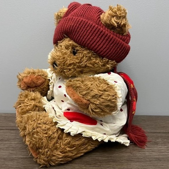 Teddy Bear in Patchwork Nightgown with Night Cap & Scarf Plush Vintage - Picture 2 of 3